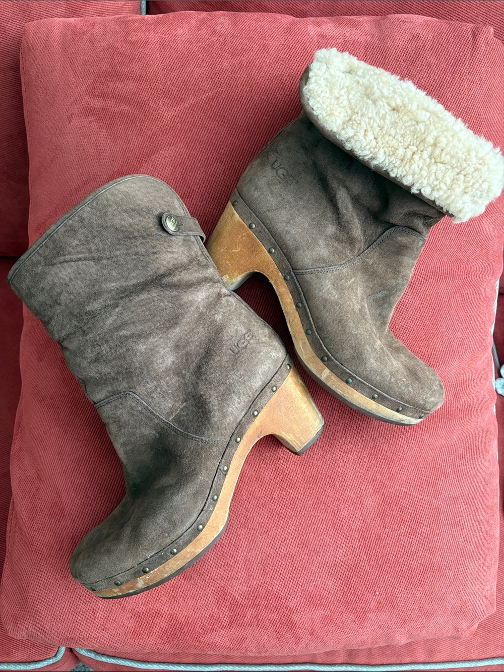 UGG Brown Suede Shearling Clog-Heel Boots